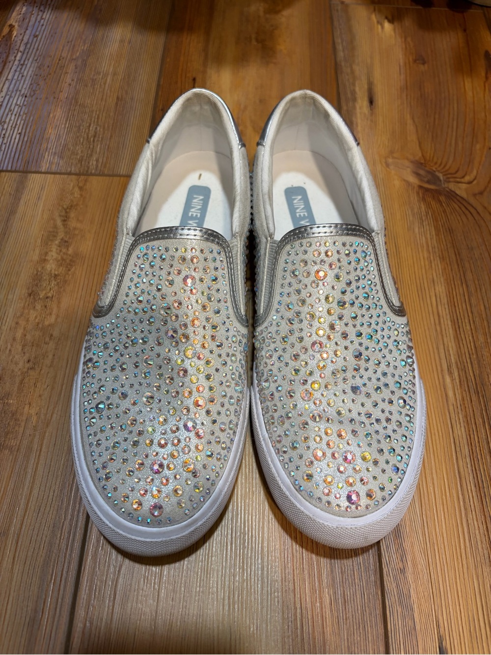 Nine West Silver Slip-On Sneakers with Multicolor Rhinestones
